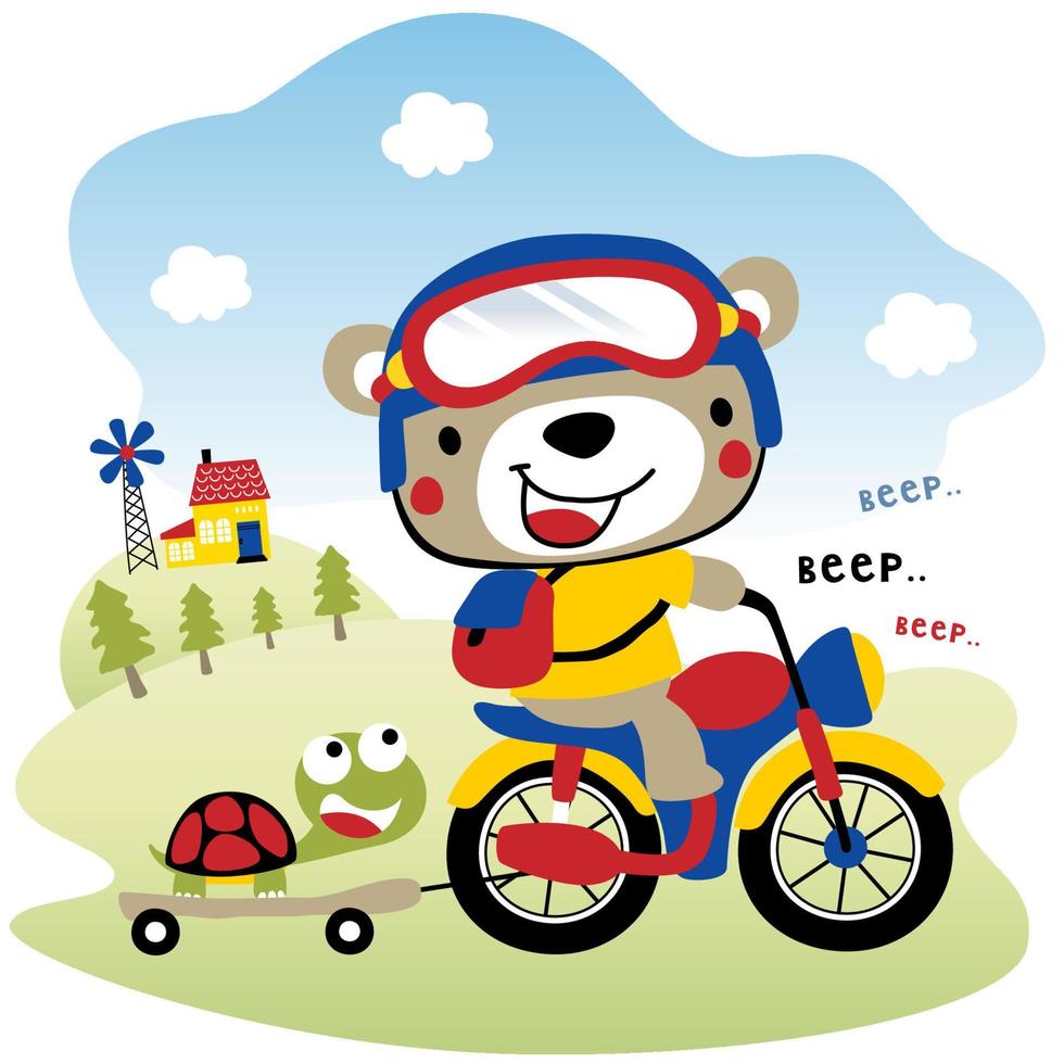 Cute bear riding motorcycle pulling turtle with skateboard on rural scenery background, vector cartoon illustration