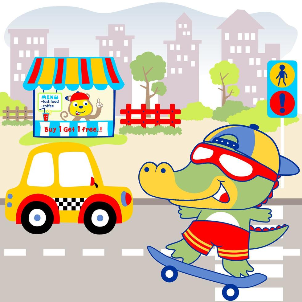 Little crocodile playing skateboard in city road, city life elements, vector cartoon illustration