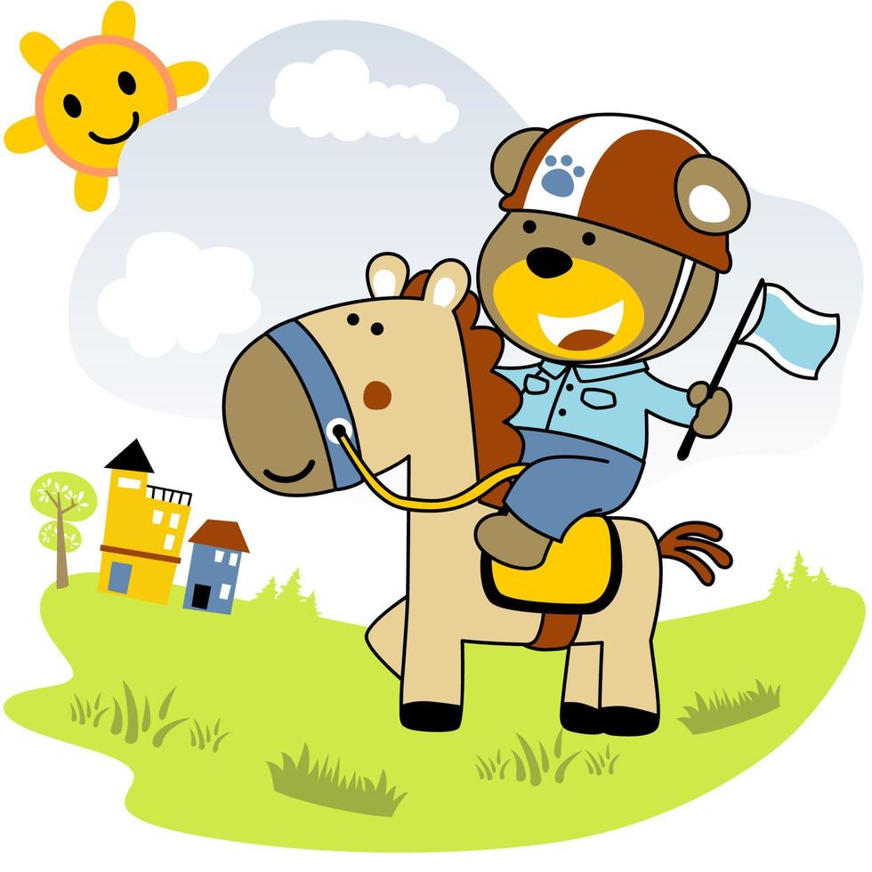 Little bear riding a funny horse in field on blue sky clouds background with smiling sun, vector cartoon illustration