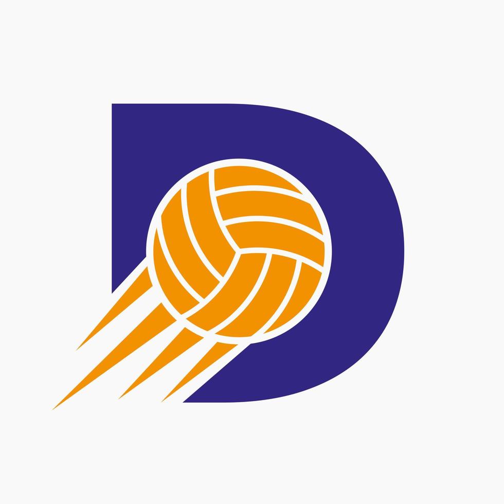 letra inicial d concepto de logotipo de voleibol con icono de voleibol en movimiento. plantilla de vector de símbolo de logotipo de deportes de voleibol