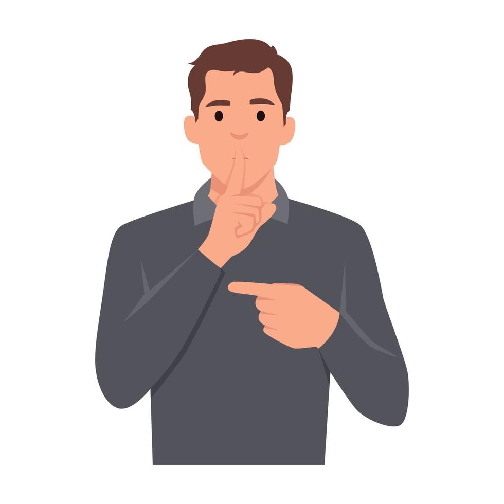 Young man Shh Gesture is quieter. The concept of male secret. A man asks for silence and pointing to side. Flat vector illustration isolated on white background