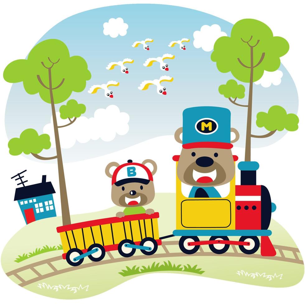 Funny bears on steam train with flock of birds flying on blue sky clouds background, rural scene, vector cartoon illustration