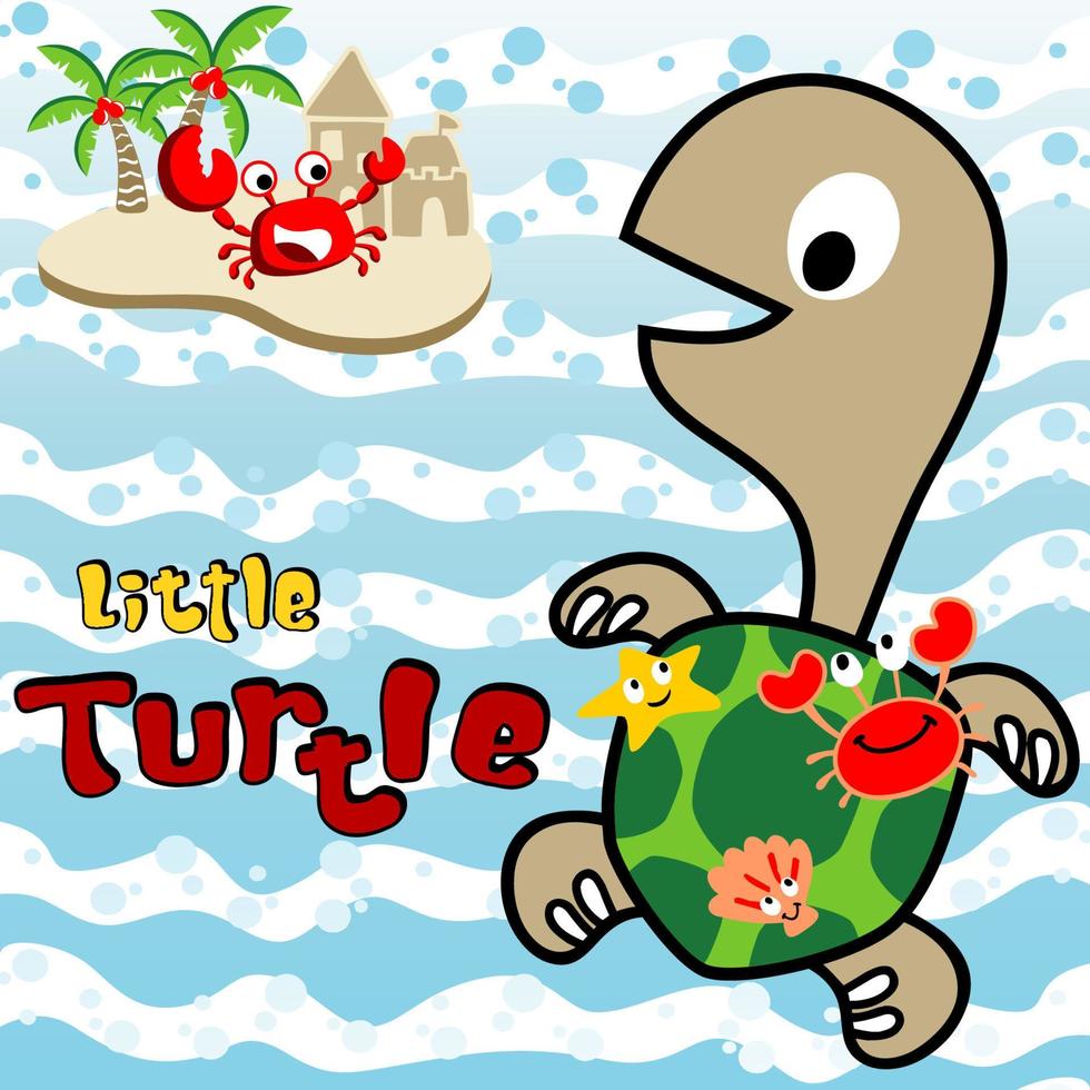 Funny turtle carrying marine animals on it back, little crab on small island, vector cartoon illustration