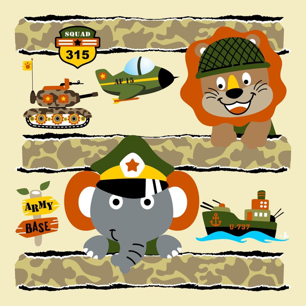 Cute lion and elephant in soldier costume, military vehicles cartoon, military element, vector illustration