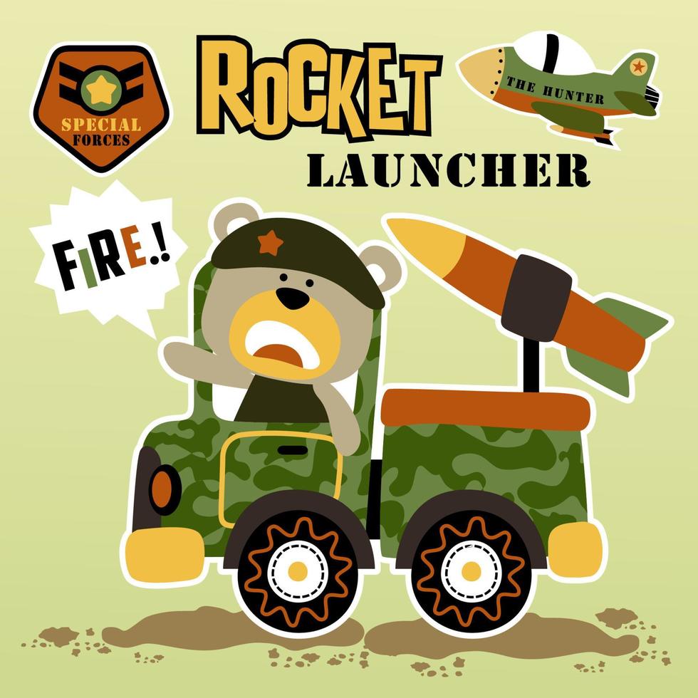 Funny bear on military truck with fighter jet, vector cartoon illustration