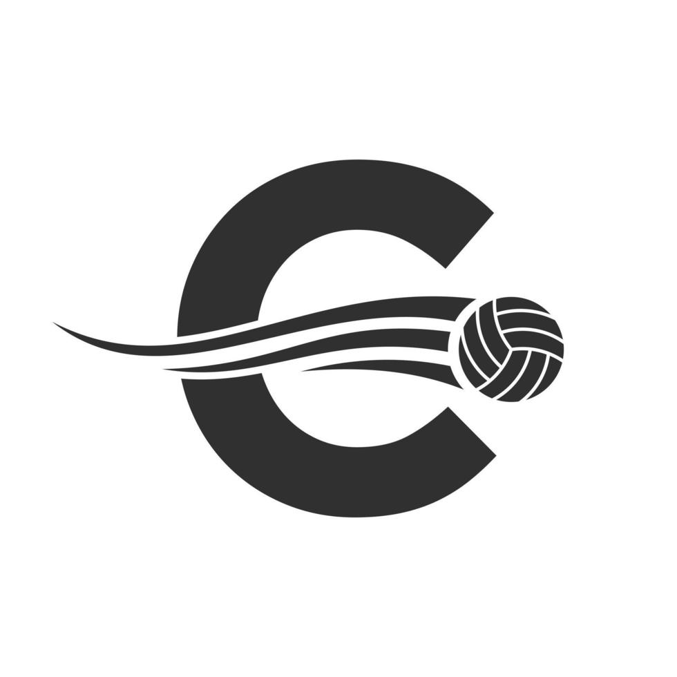 letra inicial c concepto de logotipo de voleibol con icono de voleibol en movimiento. plantilla de vector de símbolo de logotipo de deportes de voleibol