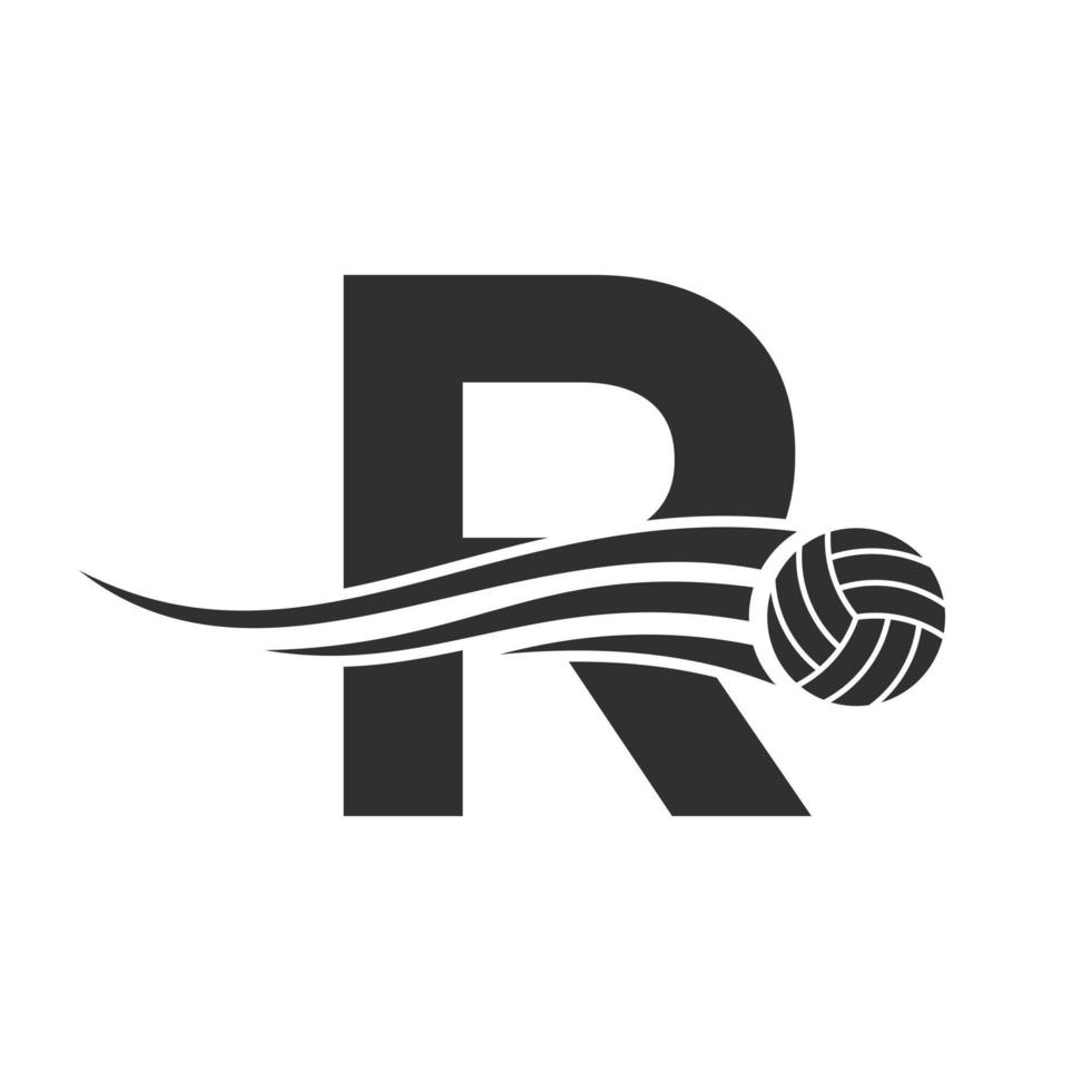 letra inicial r concepto de logotipo de voleibol con icono de voleibol en movimiento. plantilla de vector de símbolo de logotipo de deportes de voleibol