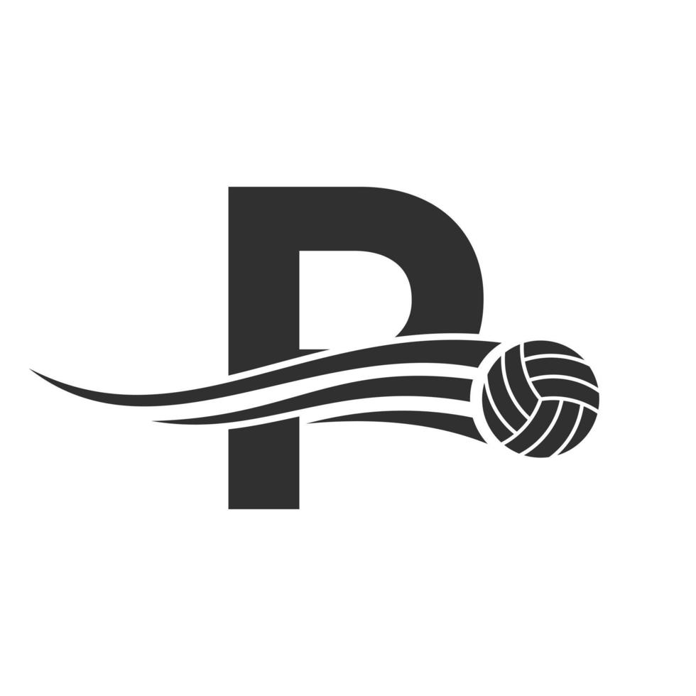 letra inicial p concepto de logotipo de voleibol con icono de voleibol en movimiento. plantilla de vector de símbolo de logotipo de deportes de voleibol