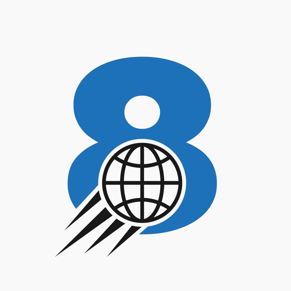 concepto de logotipo global de la letra 8 con icono de mundo en movimiento. plantilla de vector de símbolo de logotipo global