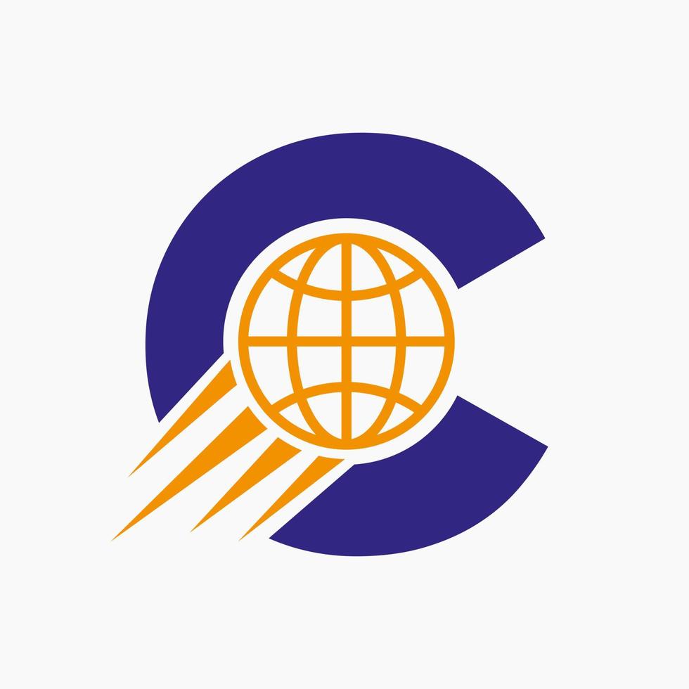 Letter C Global Logo Concept With Moving World Icon. Global Logotype Symbol Vector Template