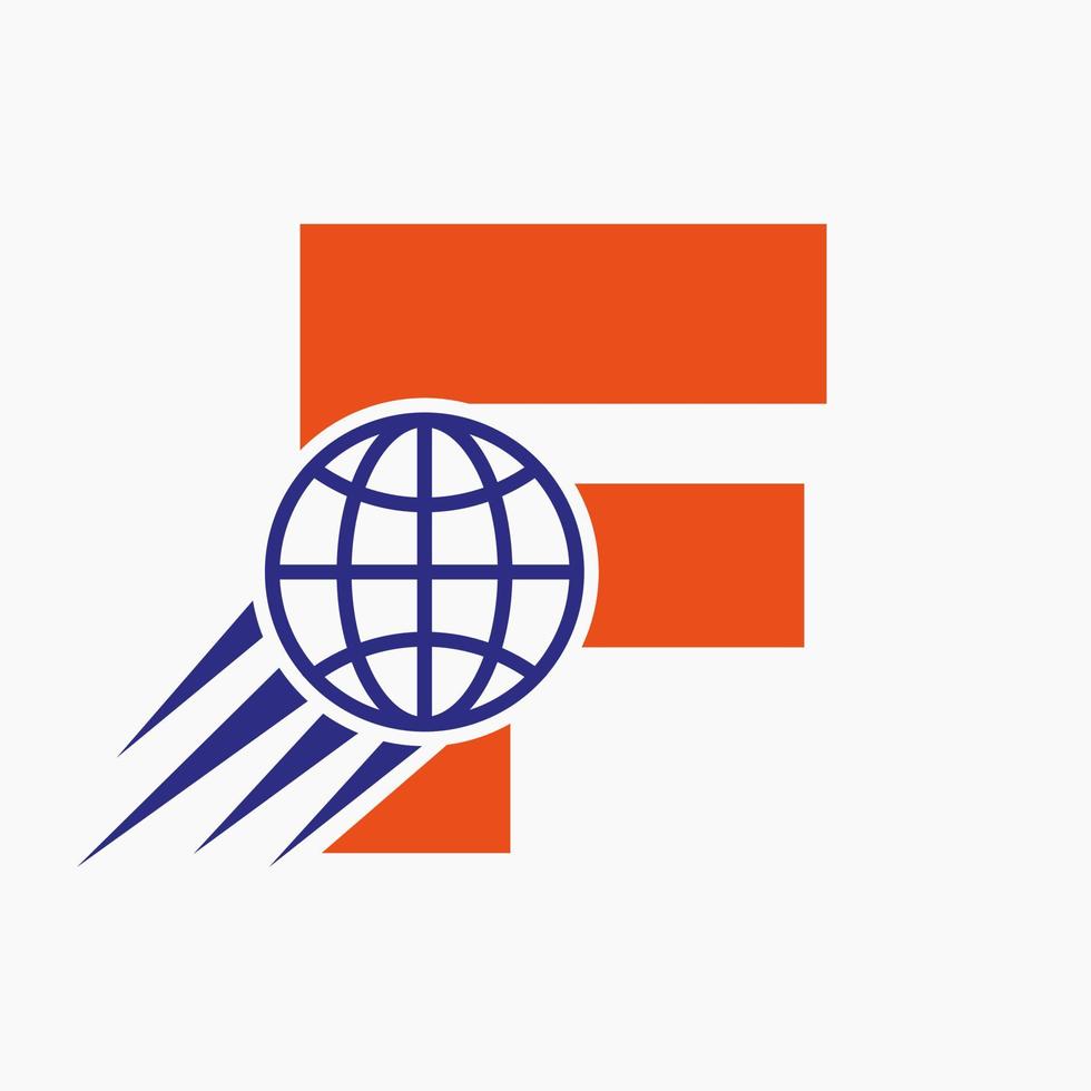 concepto de logotipo global de letra f con icono de mundo en movimiento. plantilla de vector de símbolo de logotipo global