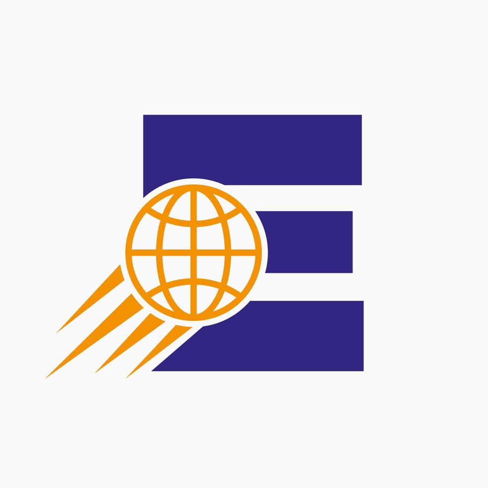 Letter E Global Logo Concept With Moving World Icon. Global Logotype Symbol Vector Template