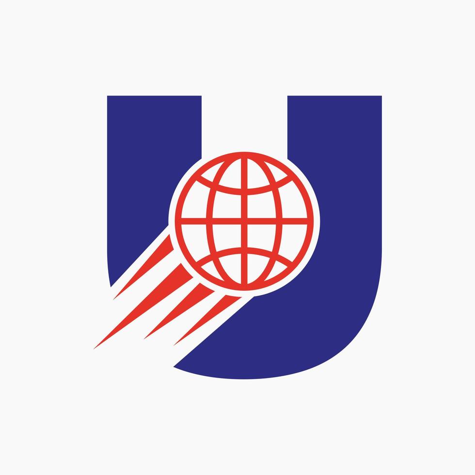 Letter U Global Logo Concept With Moving World Icon. Global Logotype Symbol Vector Template