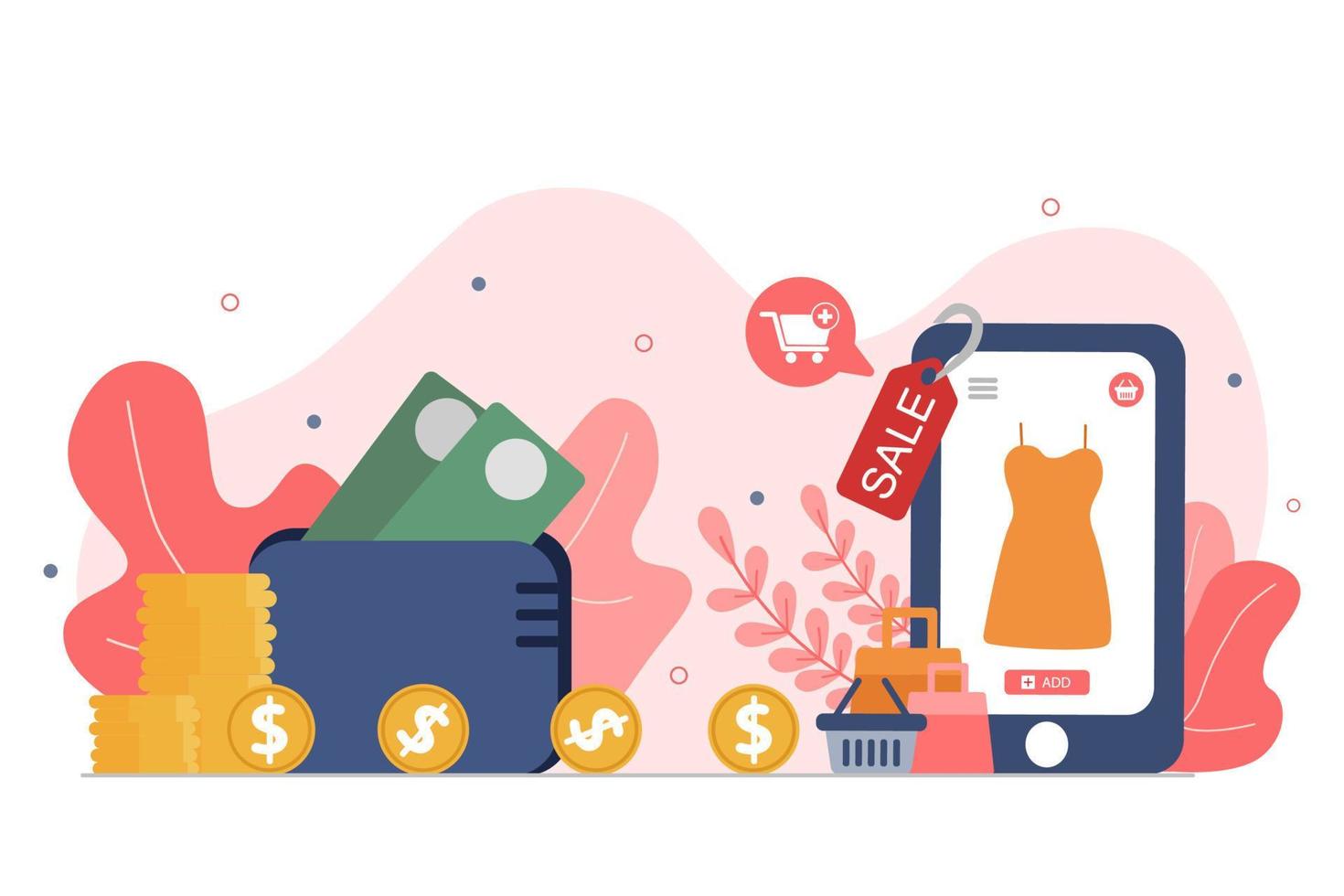 Online shopping and money items flat. vector