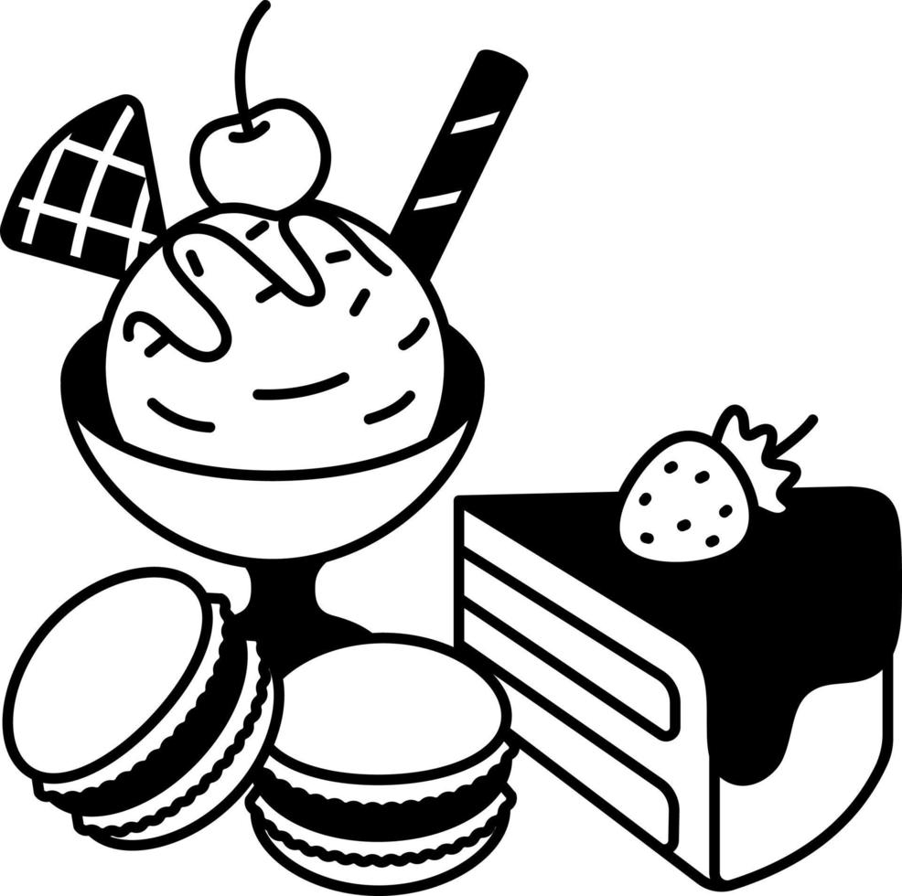 Desserts Macaron Cake and Ice Cream Dessert Icon Element illustration Semi-Solid Black and White vector