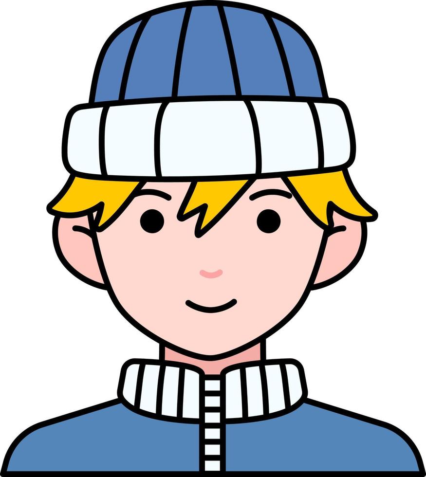 joven chico avatar usuario persona abrigo sombrero de invierno estilo de contorno de color vector