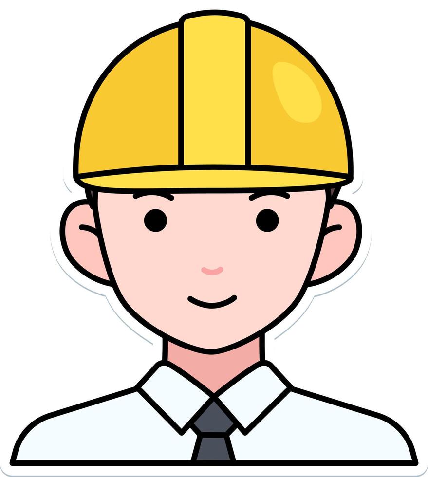 Engineering man boy avatar User person labor safety helmet Colored Outline Sticker Retro Style vector