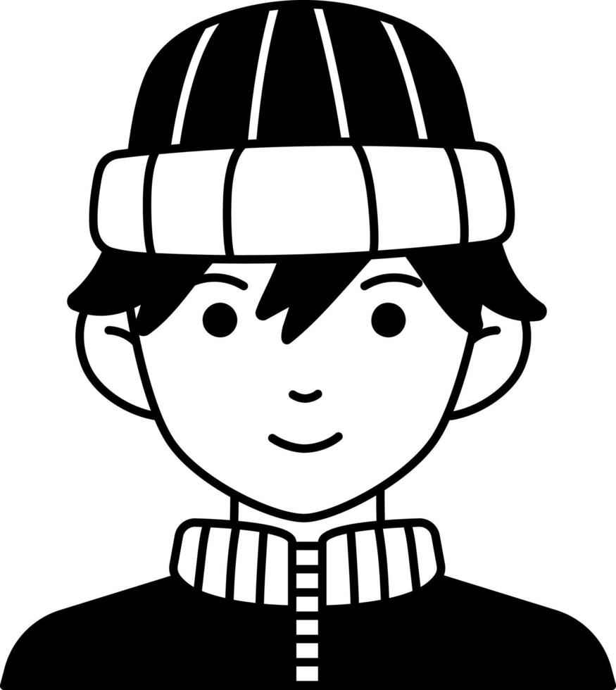 Young man boy avatar User preson coat winter hat Semi-Solid Black and White Style vector