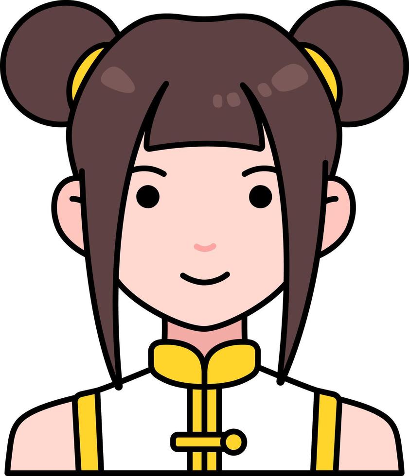 Chinese Clothing woman girl avatar User person bun hair Colored Outline Style vector