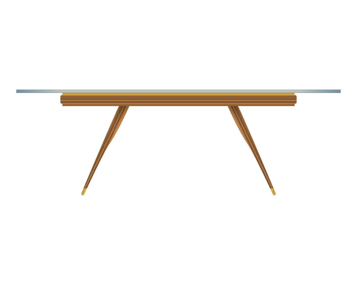 vista frontal de la mesa de madera de la mesa de vidrio en un estilo realista. tapa de mesa transparente. diseño de muebles de madera para el hogar. ilustración vectorial colorida aislada en un fondo blanco. vector