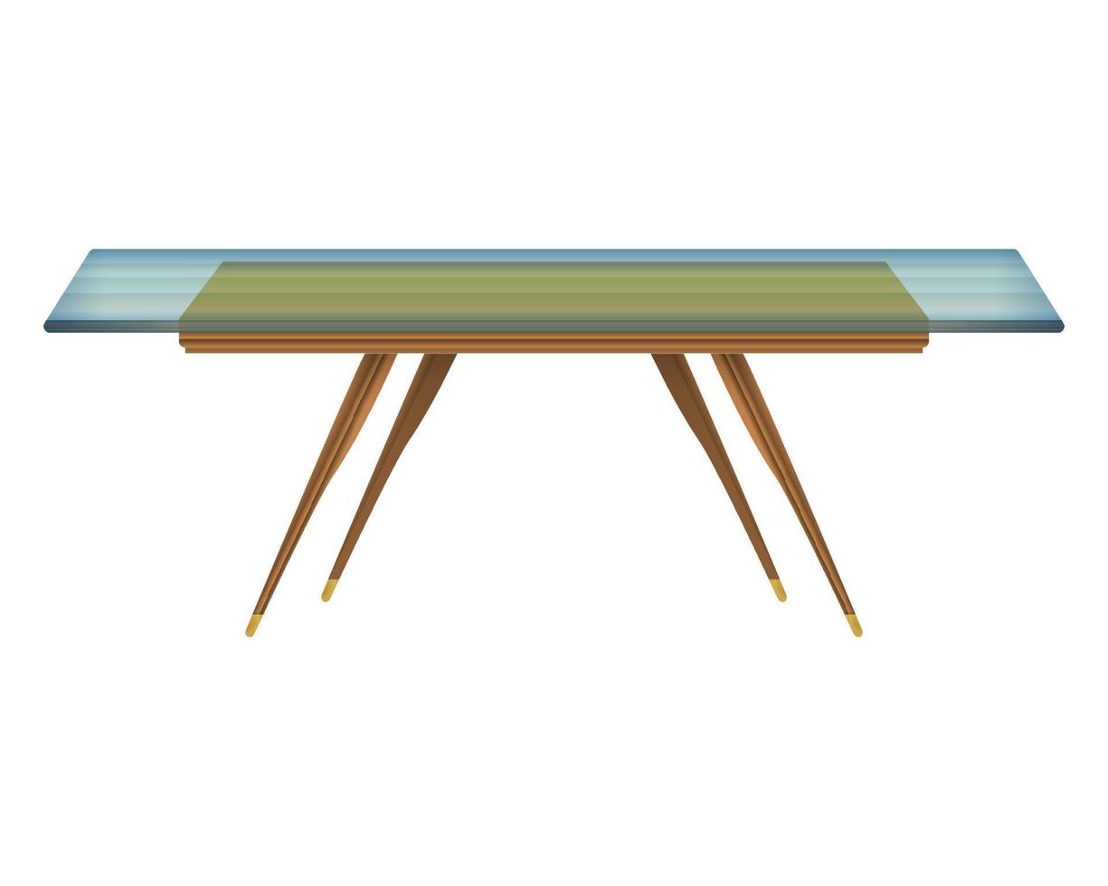 Glass tabletop wood table top view in realistic style. Transparent table top. Home wooden furniture design. Colorful vector illustration isolated on a white background.