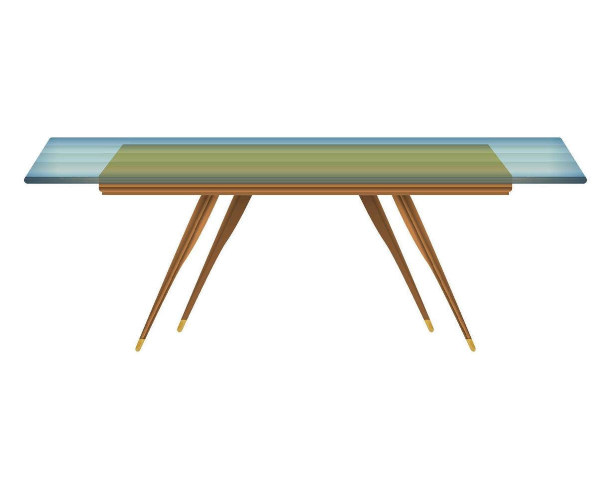 Glass tabletop wood table top view in realistic style. Transparent table top. Home wooden furniture design. Colorful vector illustration isolated on a white background.