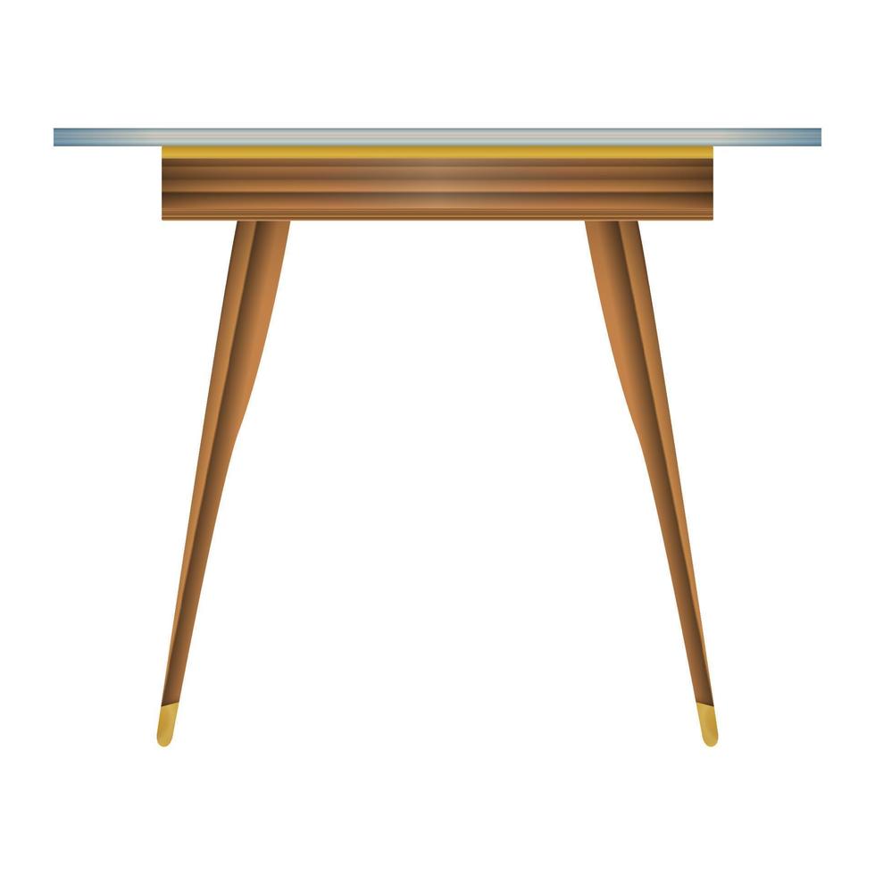 Glass tabletop wood table side view in realistic style. Transparent table top. Home wooden furniture design. Colorful vector illustration isolated on a white background.