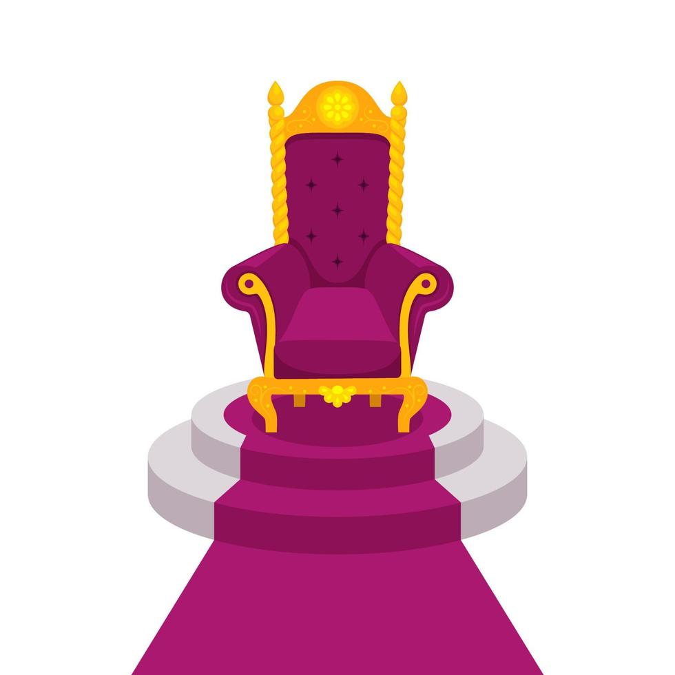 Purple velvet royal armchair or throne on podium with carpet. Bright luxurious gilded chair for queen, king or winner isolated on white background. Antique and medieval furniture concept. Flat vector