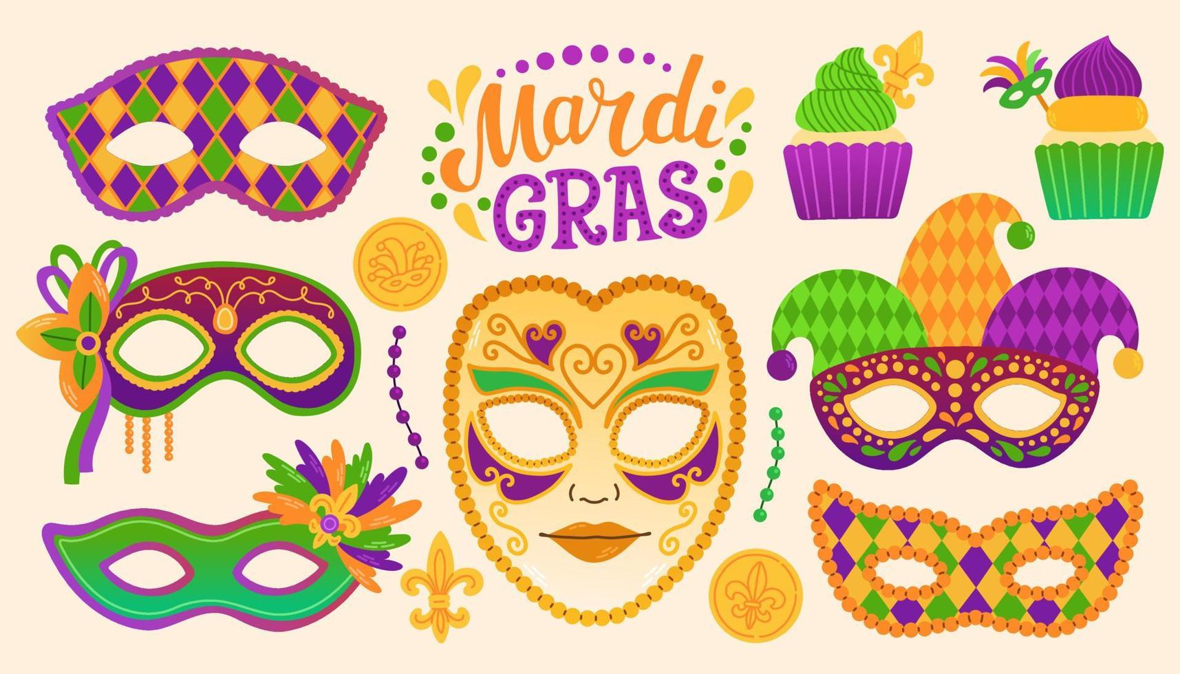 mardi gras establece el diseño de la fiesta de carnaval. martes gordo, carnaval, festival. para tarjeta de felicitación, pancarta, embalaje de regalo, afiche vector