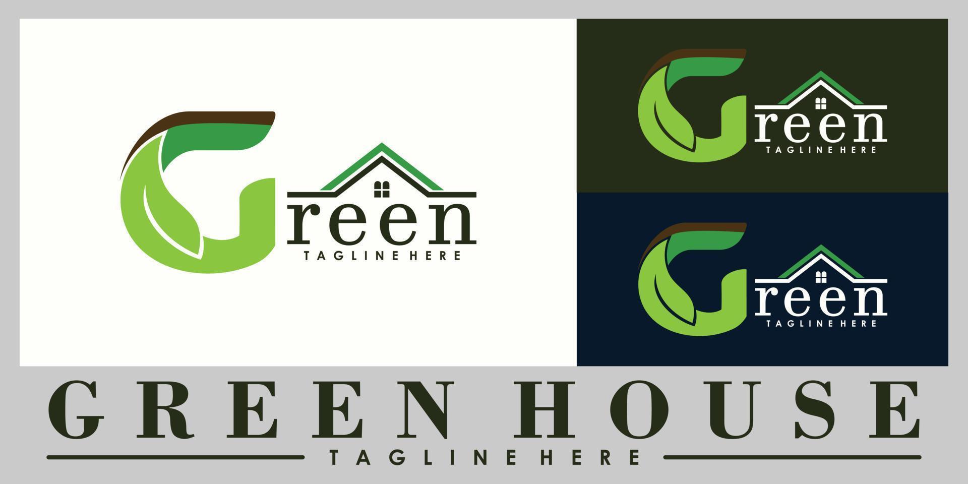 green house logo design with letter g leaf and home vector