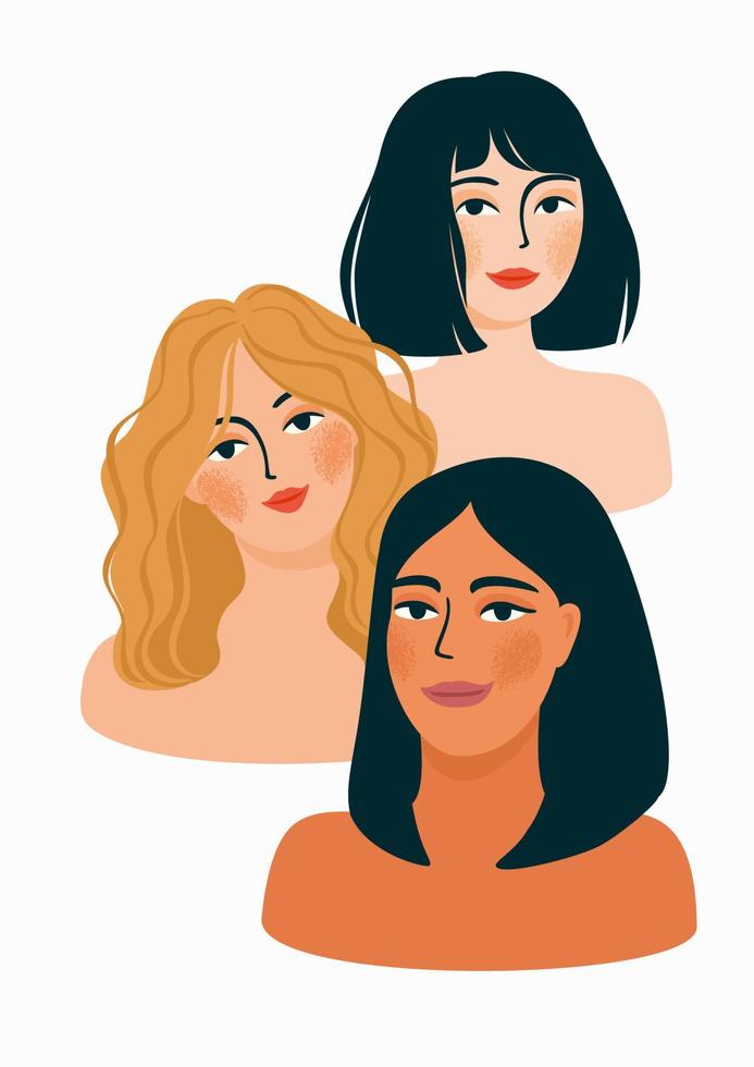 Isolated vector illustration of abstract women with different skin colors. Struggle for freedom, independence, equality. Concept for International Womens Day and other use