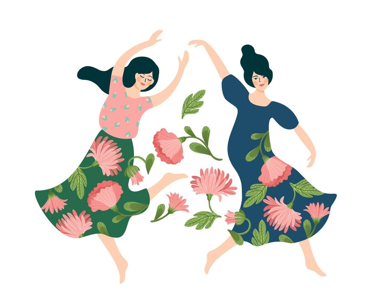 Vector isolated illustration of cute dancing women. Happyl Women s Day concept for card, poster, banner and other use