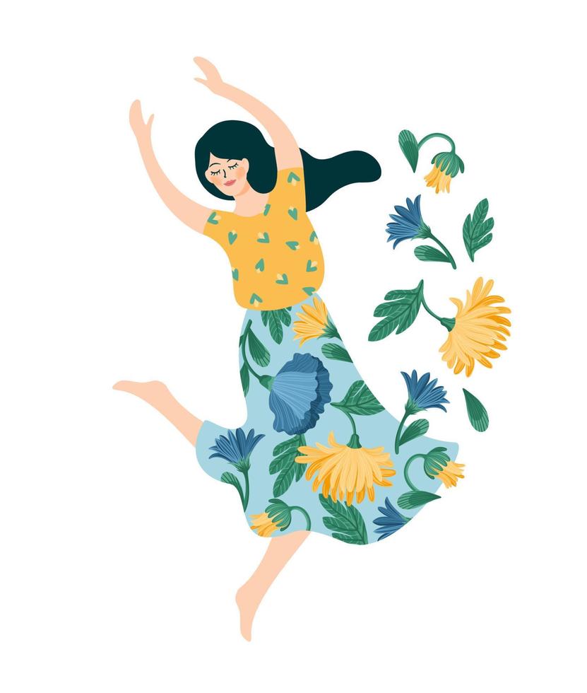 Vector isolated illustration of cute dancing woman. Happyl Women s Day concept for card, poster, banner and other use