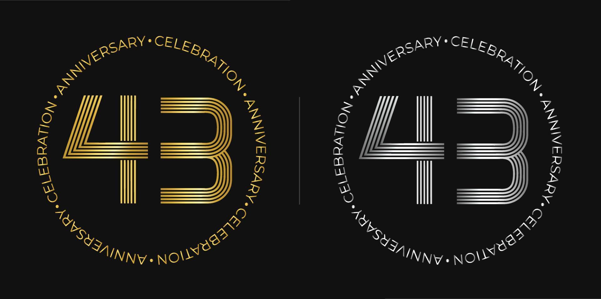 43th birthday. Forty-three years anniversary celebration banner in golden and silver colors. Circular logo with original numbers design in elegant lines. vector