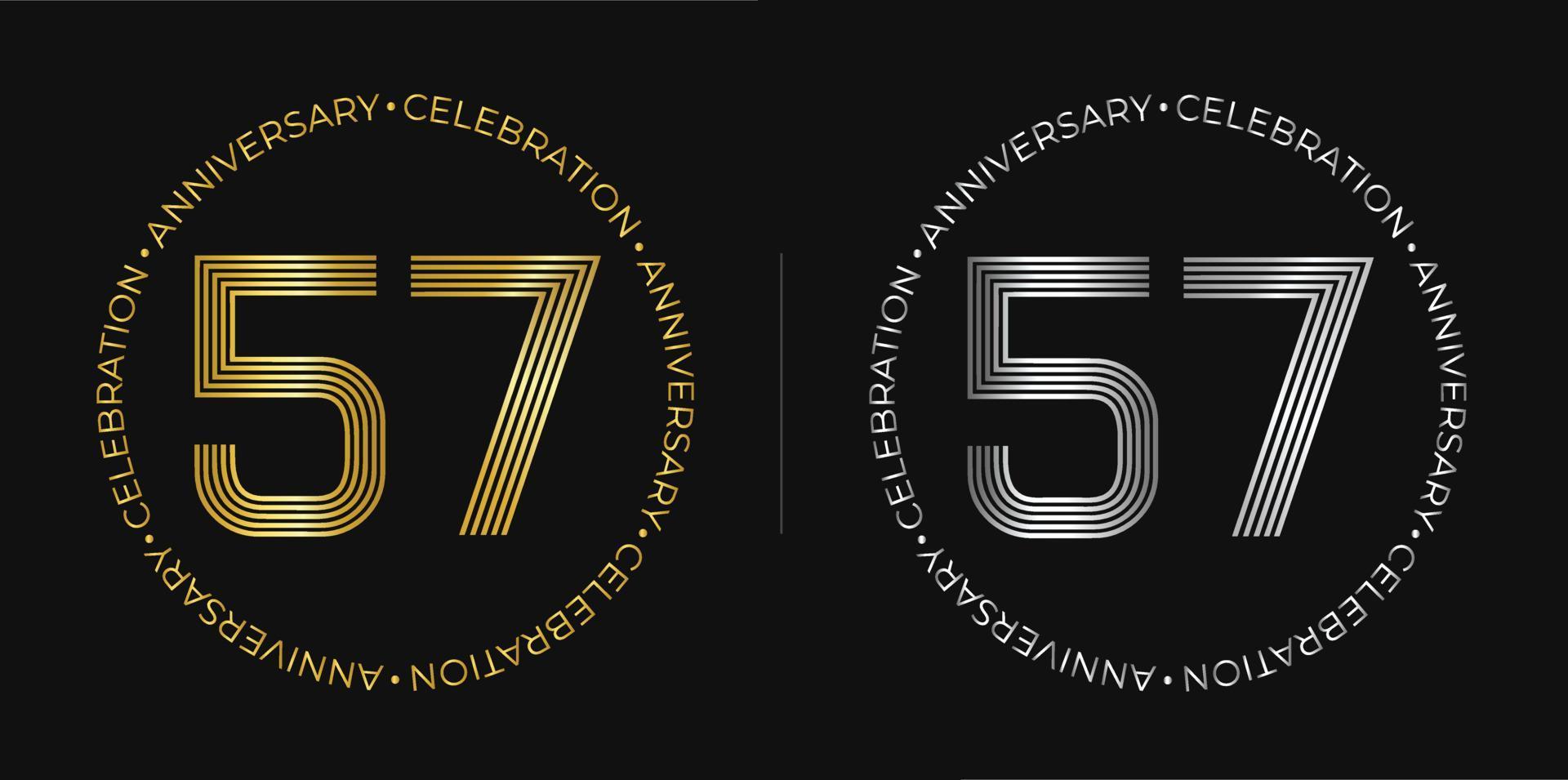 57th birthday. Fifty-seven years anniversary celebration banner in golden and silver colors. Circular logo with original numbers design in elegant lines. vector