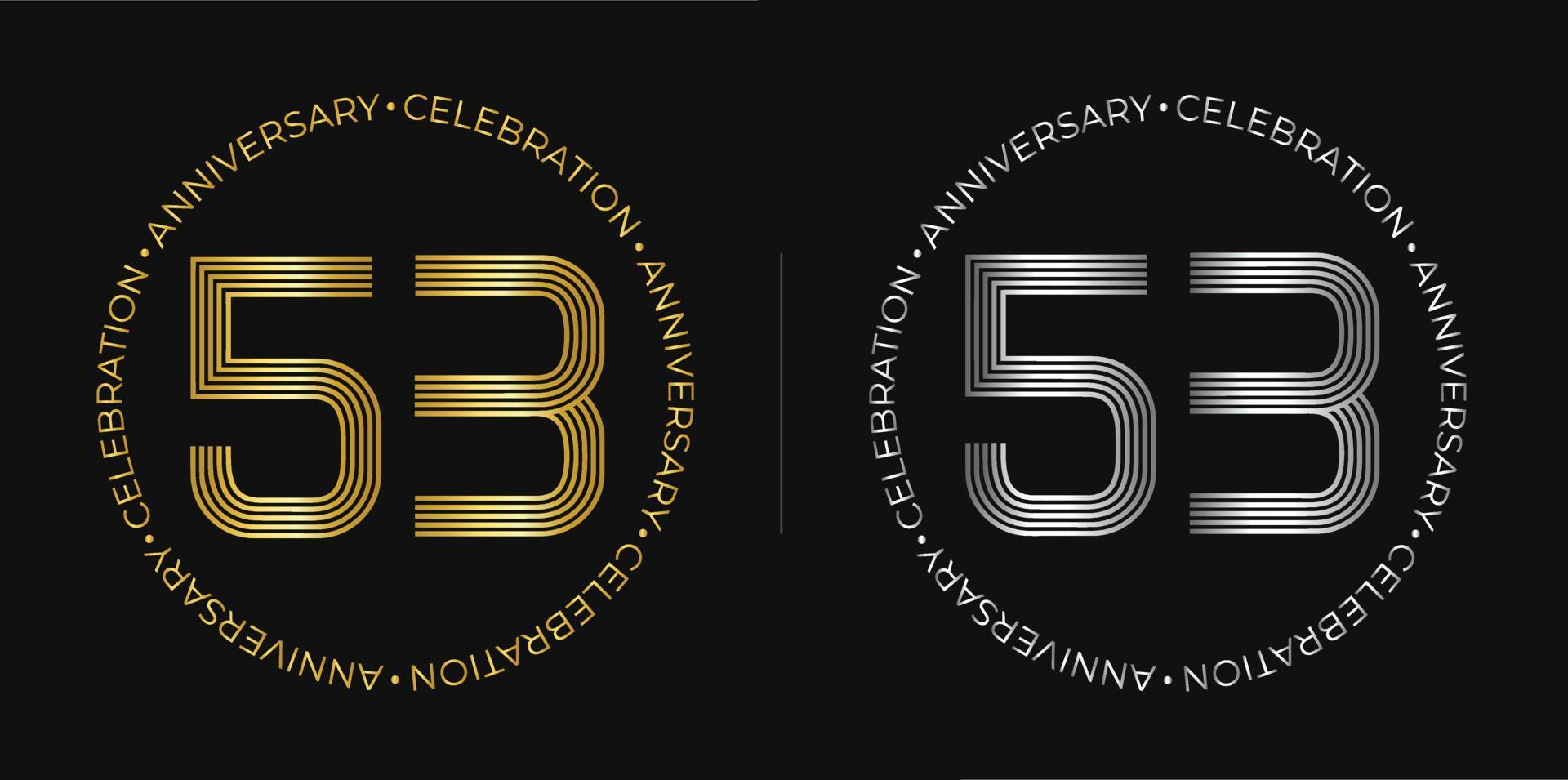 53th birthday. Fifty-three years anniversary celebration banner in golden and silver colors. Circular logo with original numbers design in elegant lines. vector