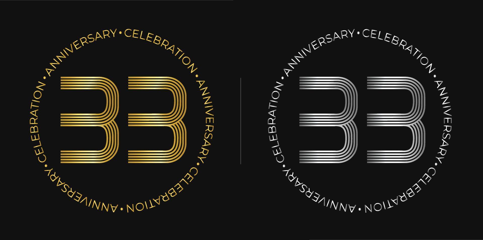 33th birthday. Thirty-three years anniversary celebration banner in golden and silver colors. Circular logo with original numbers design in elegant lines. vector