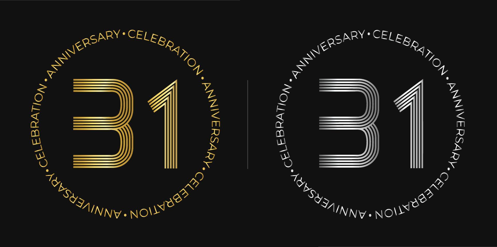 31 cumpleaños. banner de celebración de aniversario de treinta y un años en colores dorado y plateado. logo circular con diseño de números originales en líneas elegantes. vector