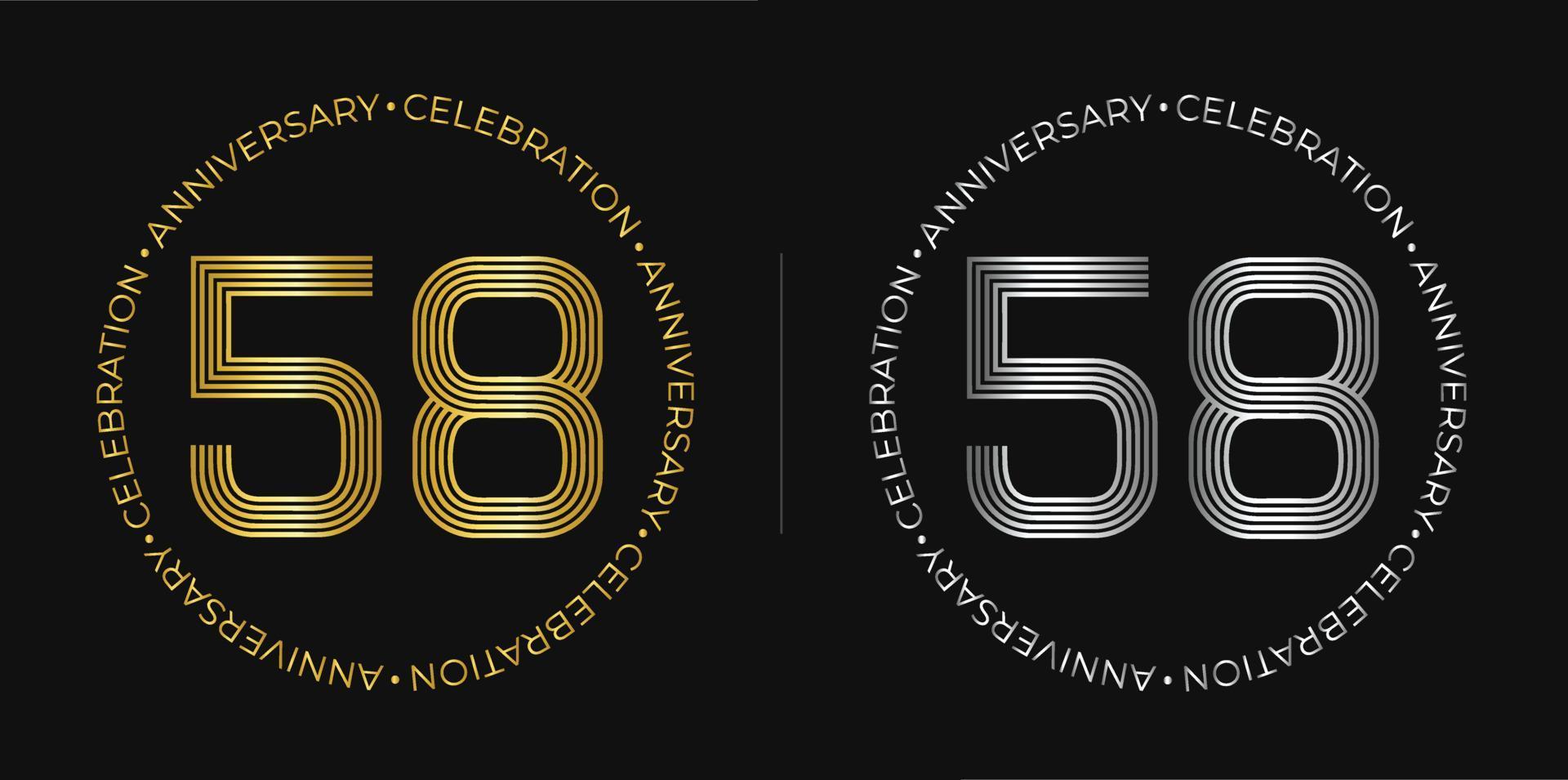 58th birthday. Fifty-eight years anniversary celebration banner in golden and silver colors. Circular logo with original numbers design in elegant lines. vector
