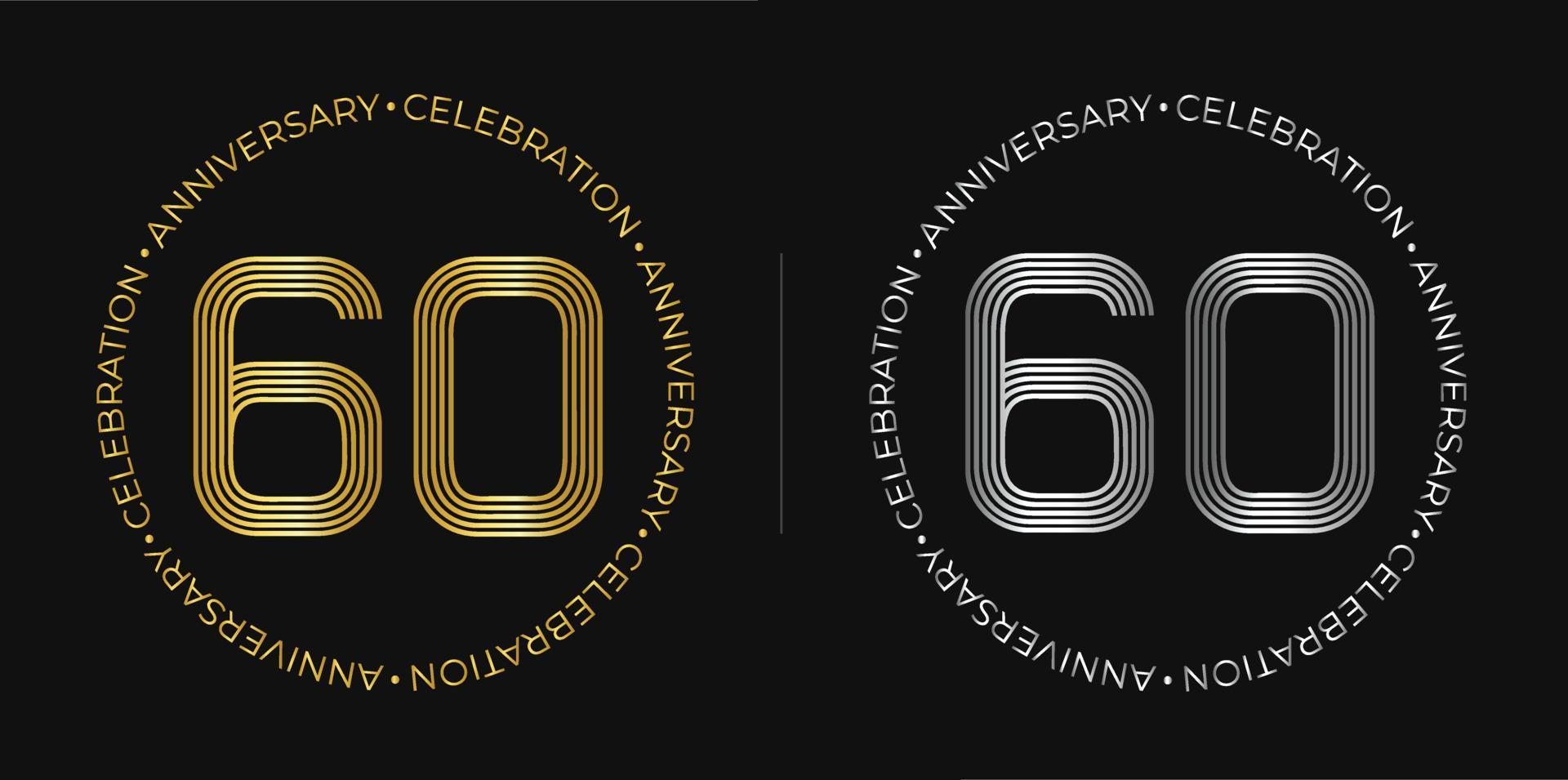 60 cumpleaños. cartel de celebración del aniversario de sesenta años en colores dorado y plateado. logo circular con diseño de números originales en líneas elegantes. vector