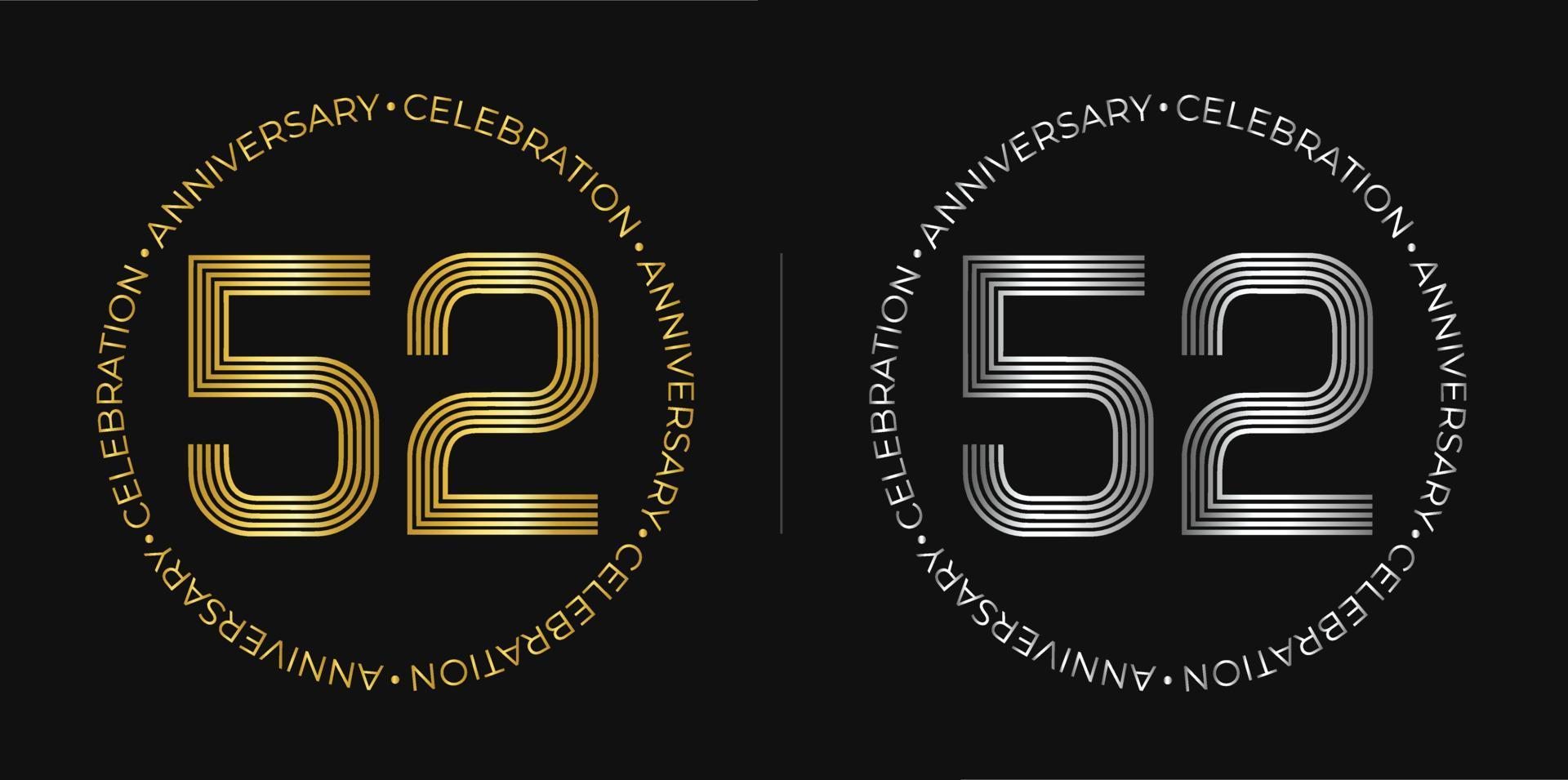 52 cumpleaños. cartel de celebración de aniversario de cincuenta y dos años en colores dorado y plateado. logo circular con diseño de números originales en líneas elegantes. vector