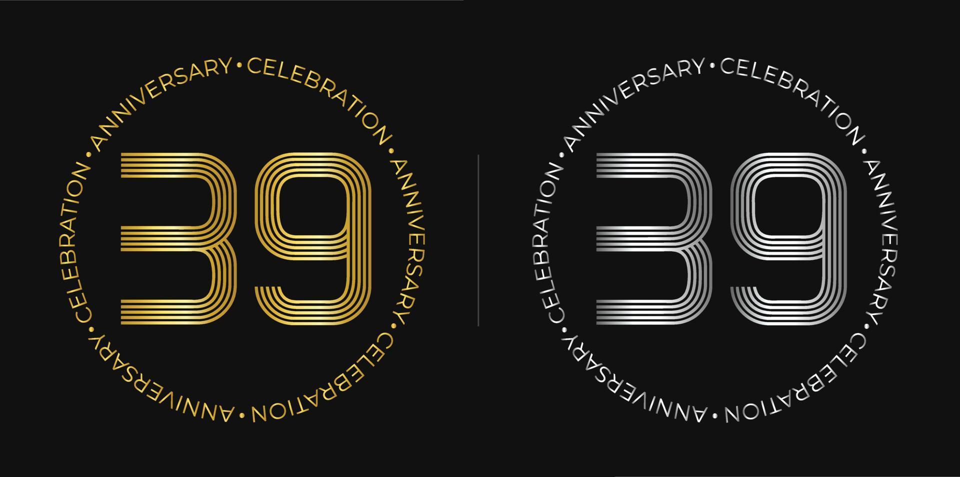 39 cumpleaños. banner de celebración de aniversario de treinta y nueve años en colores dorado y plateado. logo circular con diseño de números originales en líneas elegantes. vector