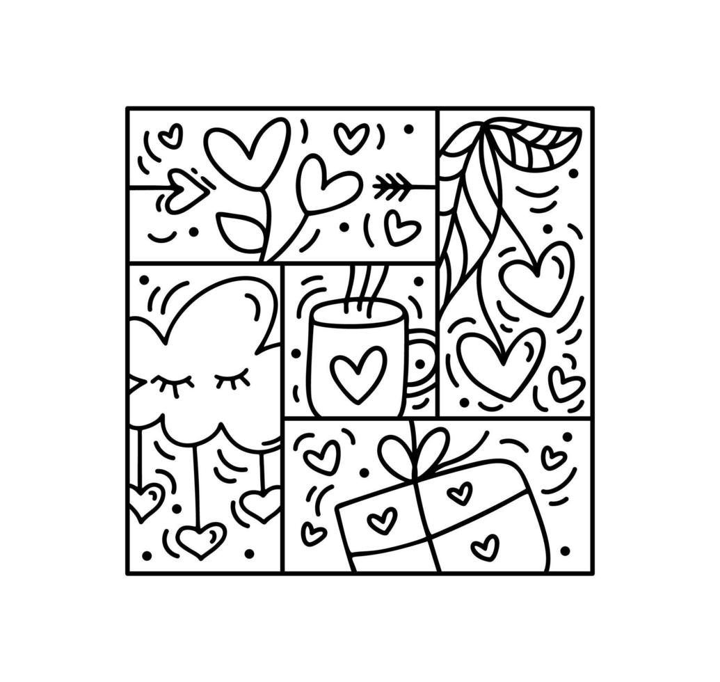 Valentines logo vector caja de regalo de patrones sin fisuras, taza, corazón y nube. constructor monoline dibujado a mano para tarjeta de felicitación romántica