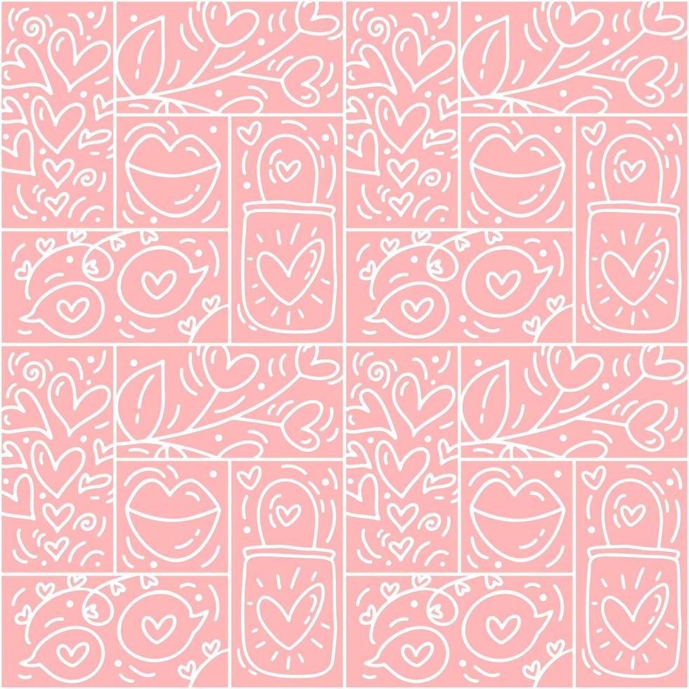 Valentines logo vector seamless pattern love, lips, heart and cloud on pink background. Hand drawn monoline constructor for romantic greeting card