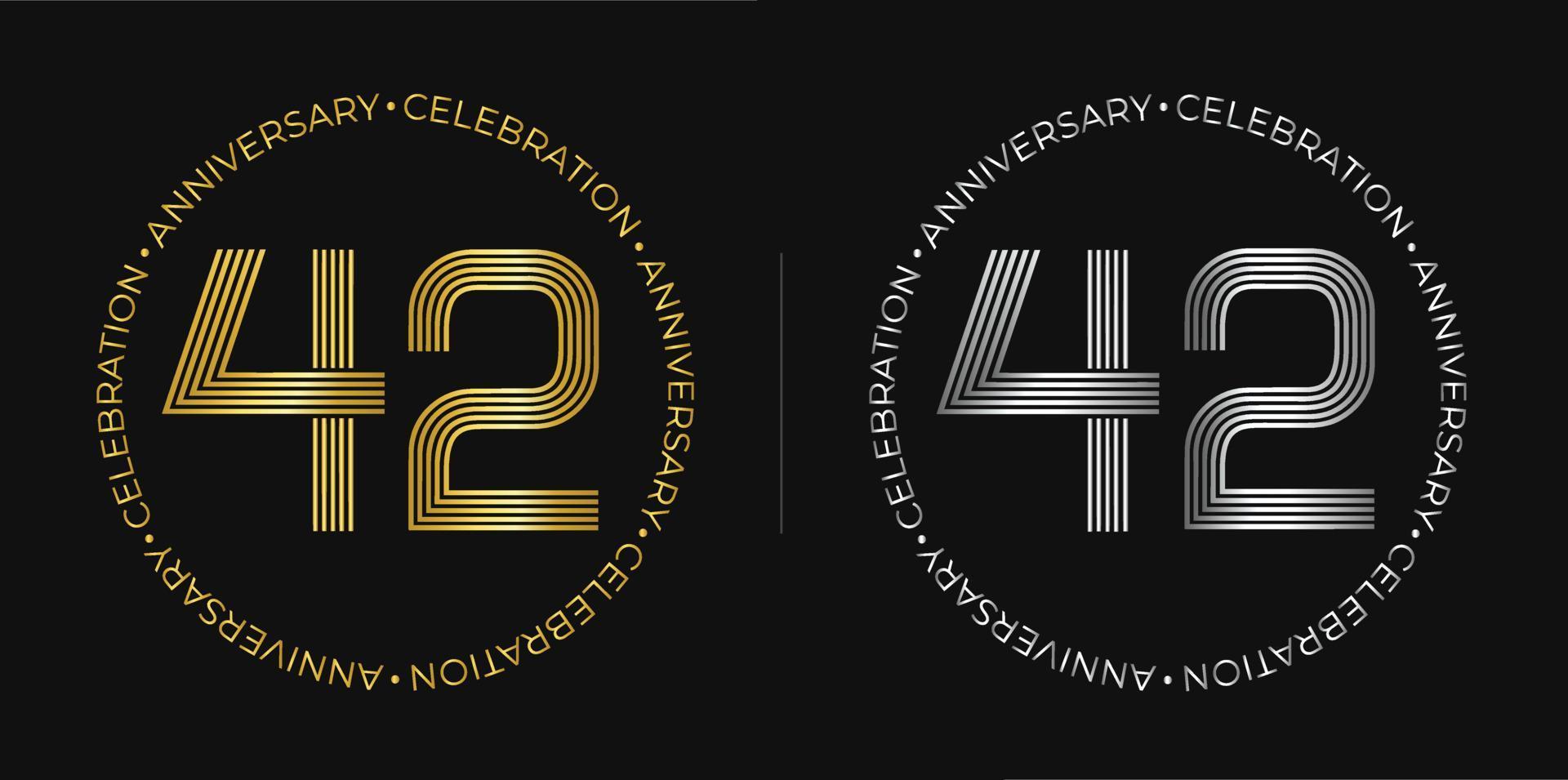 42th birthday. Forty-two years anniversary celebration banner in golden and silver colors. Circular logo with original numbers design in elegant lines. vector