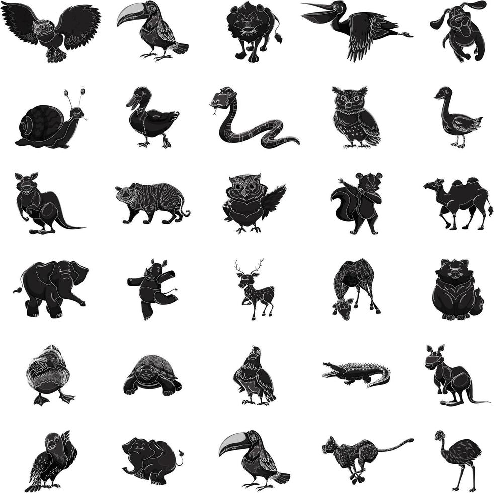 Big bundle of funny domestic and wild animals, marine mammals, reptiles, birds and fish. Collection of cute cartoon characters isolated on white background. Colorful vector illustration in flat style.