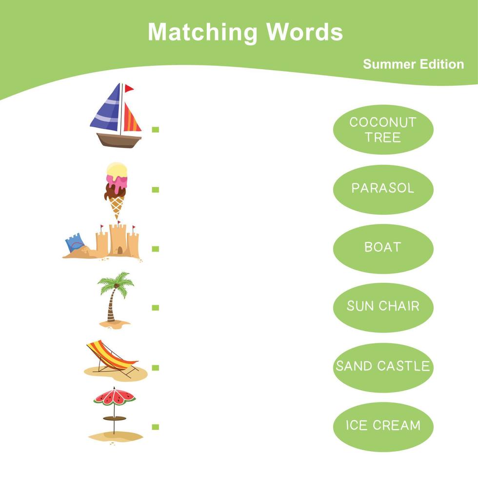 Matching words with images. Matching words game for kids. Educational printable game cards. Vector file.