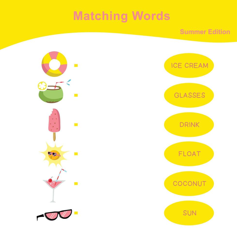 Matching words with images. Matching words game for kids. Educational printable game cards. Vector file.
