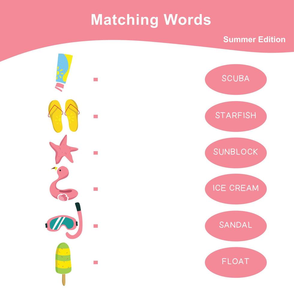 Matching words with images. Matching words game for kids. Educational printable game cards. Vector file.