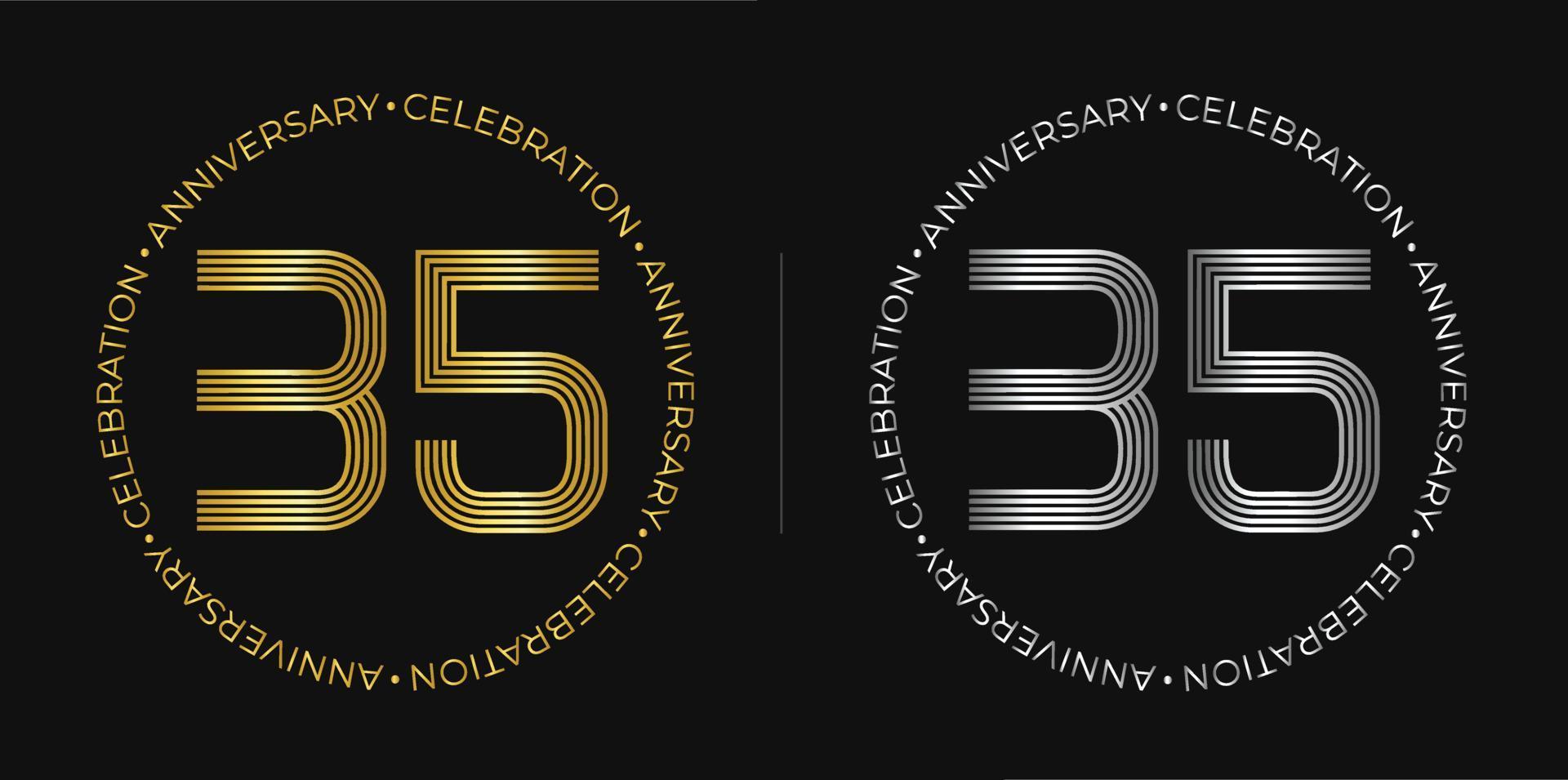 35 cumpleaños. banner de celebración de aniversario de treinta y cinco años en colores dorado y plateado. logo circular con diseño de números originales en líneas elegantes. vector